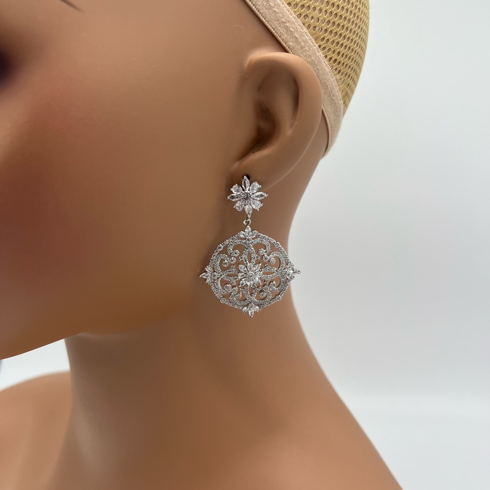 Simulated Diamond Medallion Silver Earrings - Picture 3 of 4